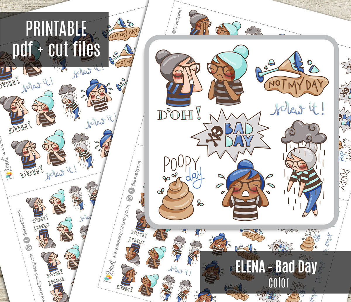 Elena Bad Day - COLOR Printable Planner Sticker - PDF & Cut Files
