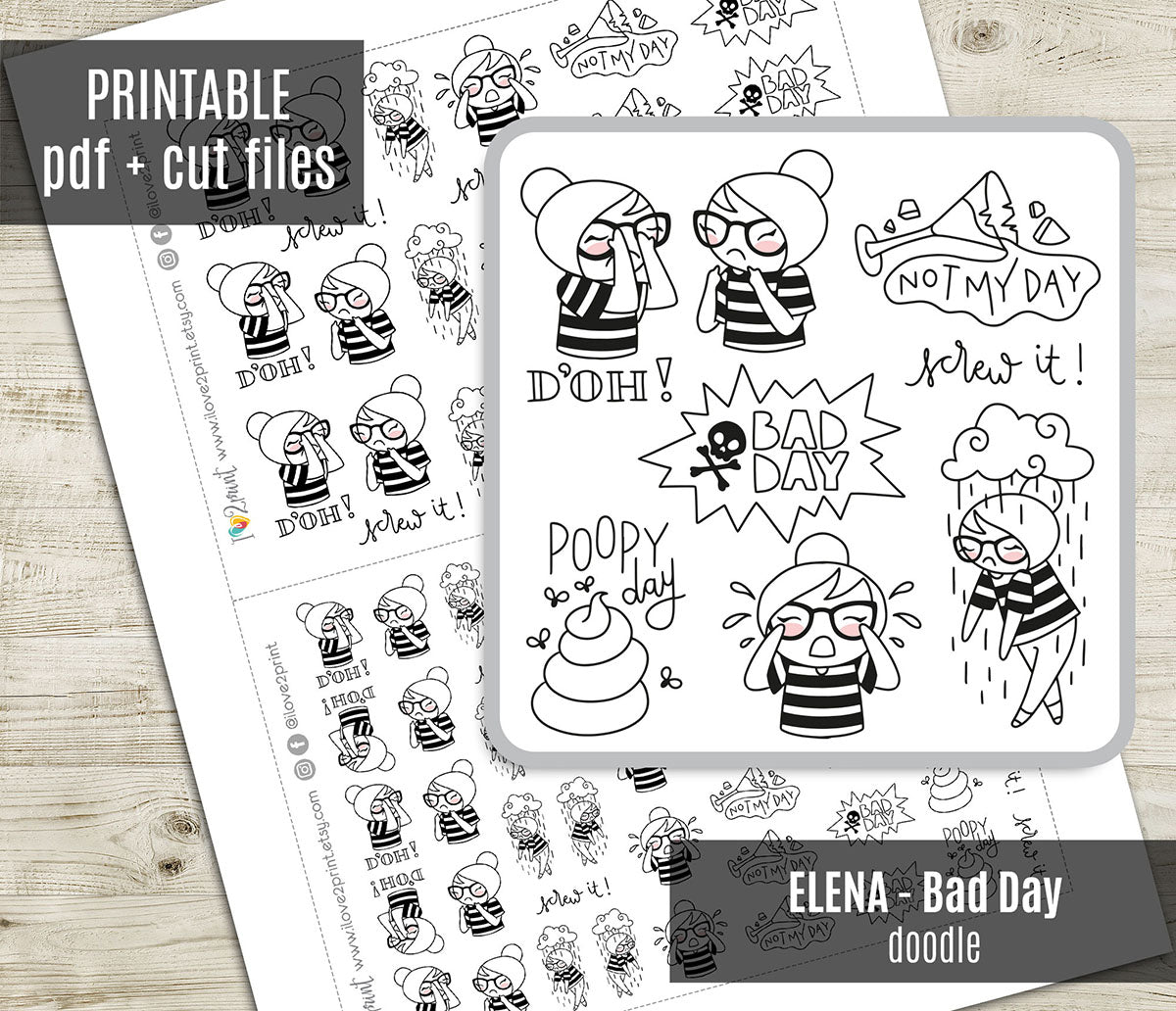 Elena Bad Day - DOODLE Printable Planner Sticker - PDF & Cut Files