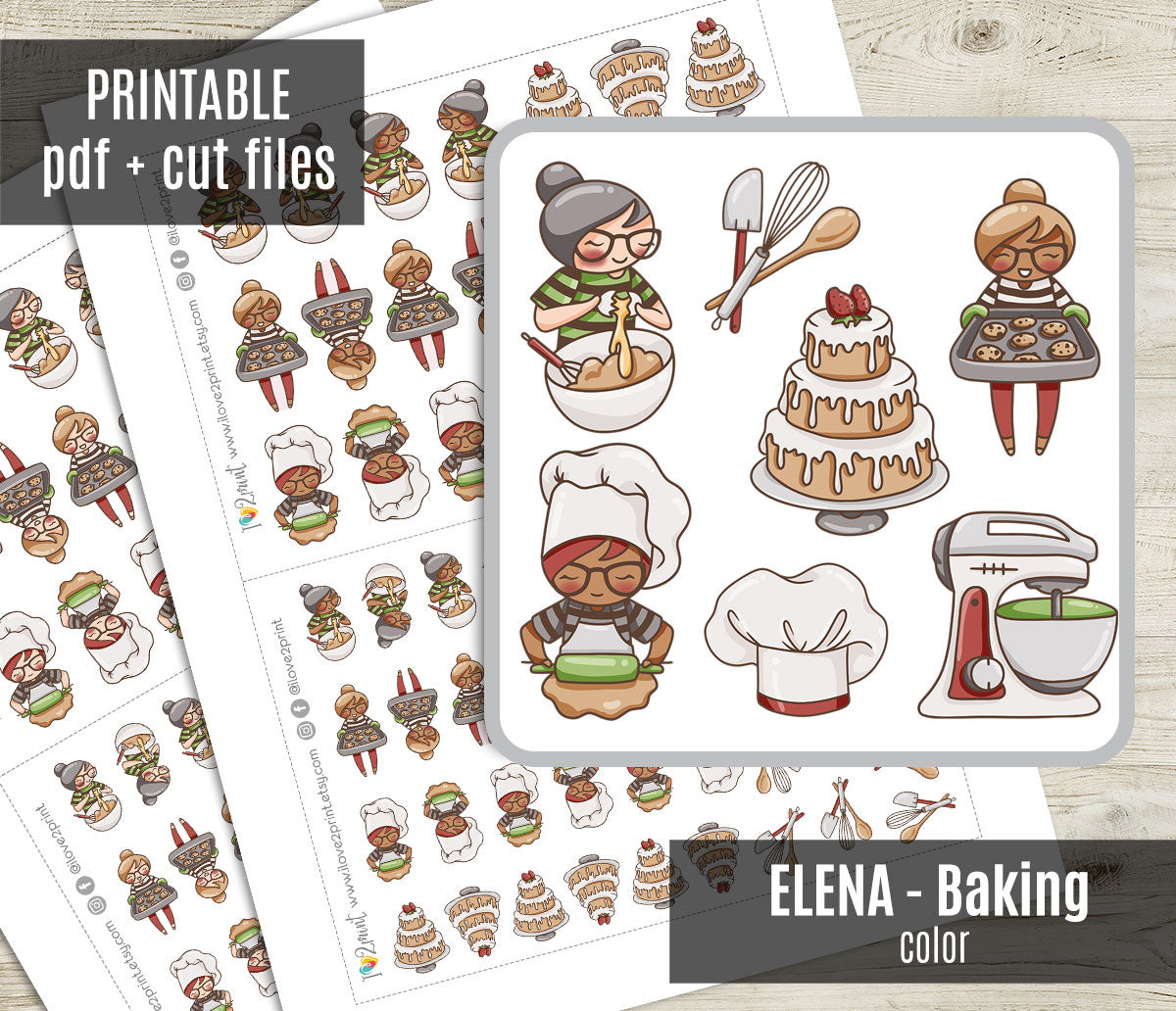Elena Baking – Colored Printable Stickers (PDF + Cut Files) – Instant Download