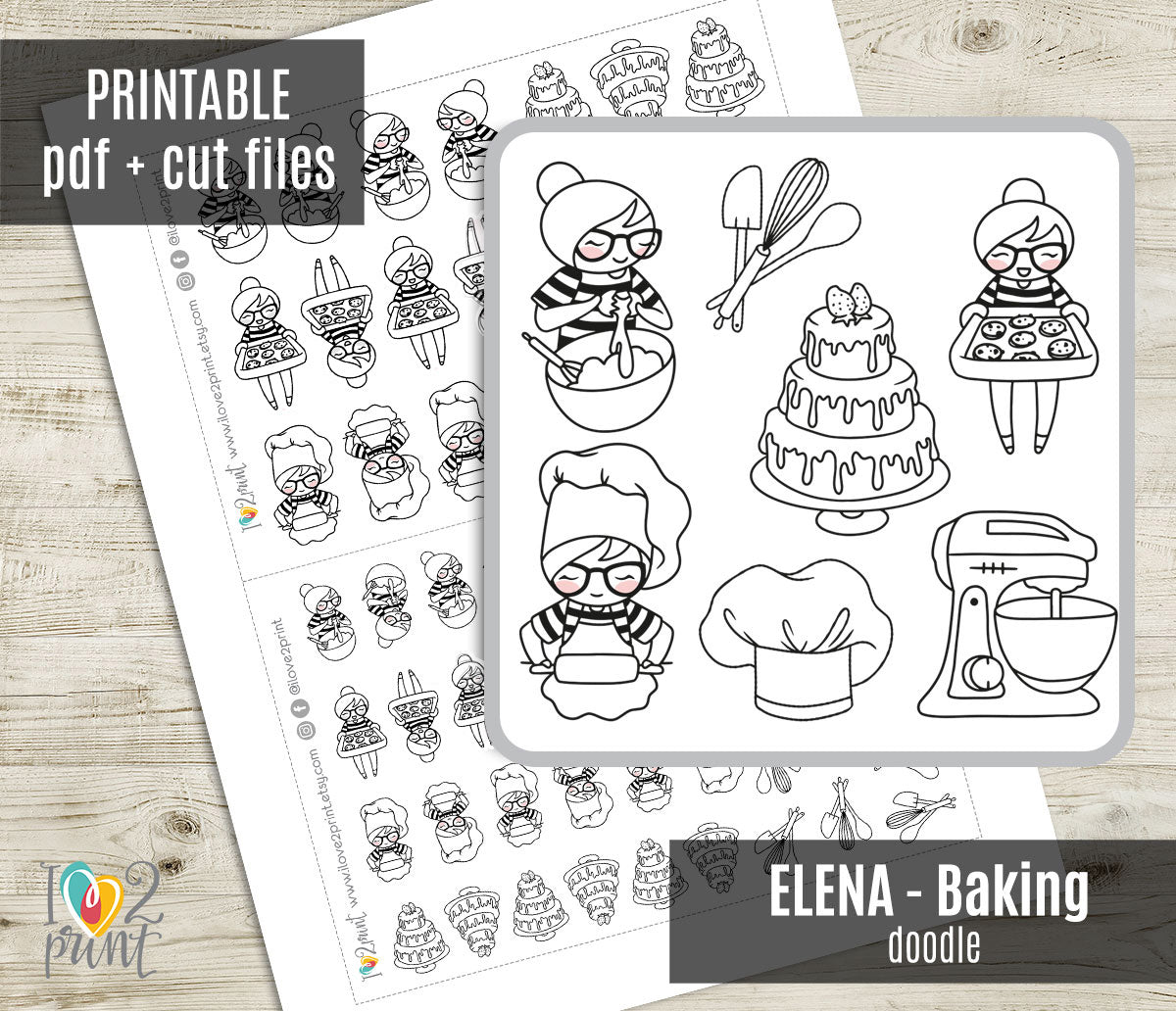 Elena Baking – Doodle Printable Stickers (PDF + Cut Files) – Instant Download
