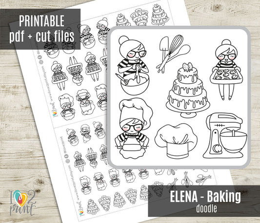Elena Baking – Doodle Printable Stickers (PDF + Cut Files) – Instant Download