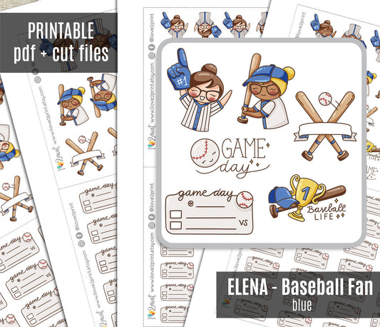 Elena Baseball Fan  – BLUE Printable Planner Stickers – Team Spirit & Sport – PDF + Cut Files – Instant Download