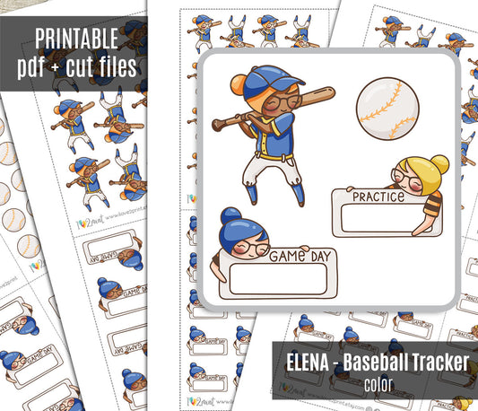Elena Baseball Tracker – COLOR Printable Planner Stickers – Practice & Game Day – PDF + Cut Files