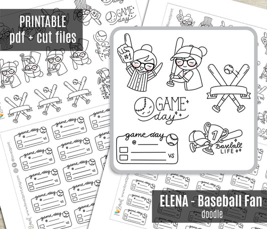 Elena Baseball Fan – DOODLE Printable Planner Stickers – Team Spirit & Sport – PDF + Cut Files – Instant Download
