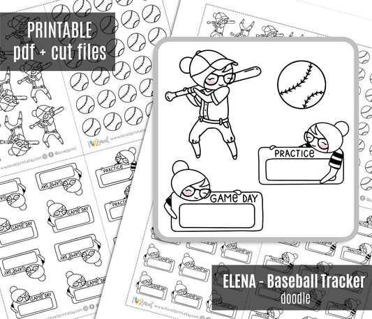 Elena Baseball Tracker – DOODLE Printable Planner Stickers – Practice & Game Day – PDF + Cut Files