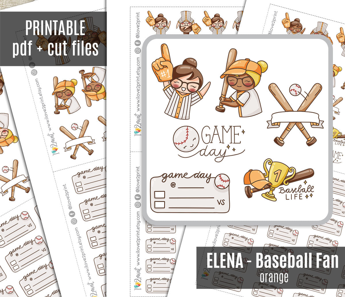 Elena Baseball Fan  – ORANGE Printable Planner Stickers – Team Spirit & Sport – PDF + Cut Files – Instant Download