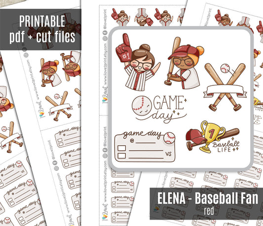 Elena Baseball Fan  – RED Printable Planner Stickers – Team Spirit & Sport – PDF + Cut Files – Instant Download