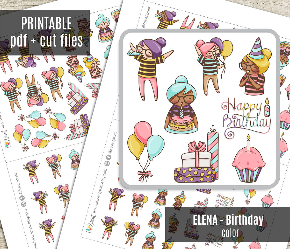 Elena Birthday - COLOR Printable Planner Sticker - PDF & Cut Files