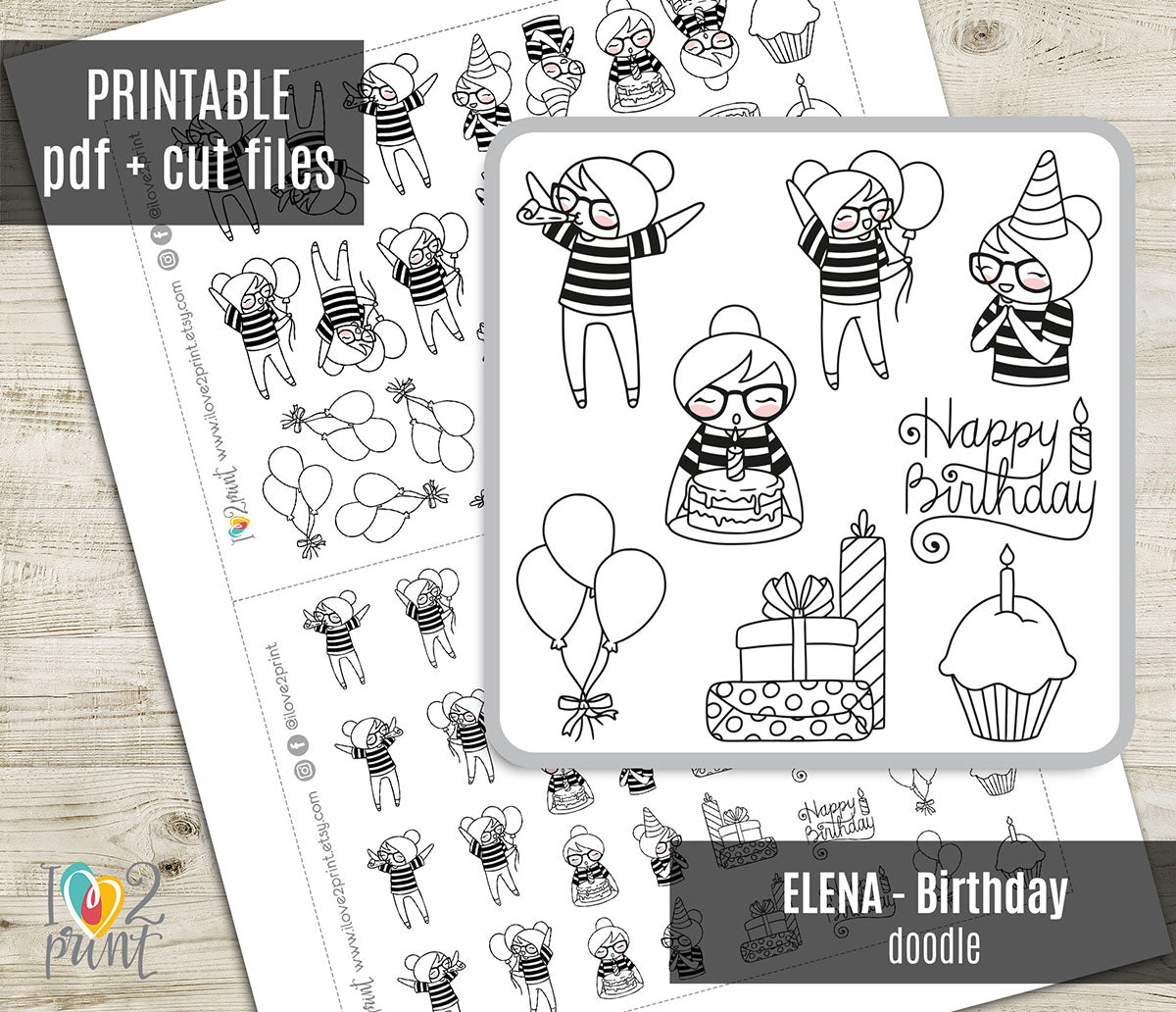 Elena Birthday - DOODLE Printable Planner Sticker - PDF & Cut Files