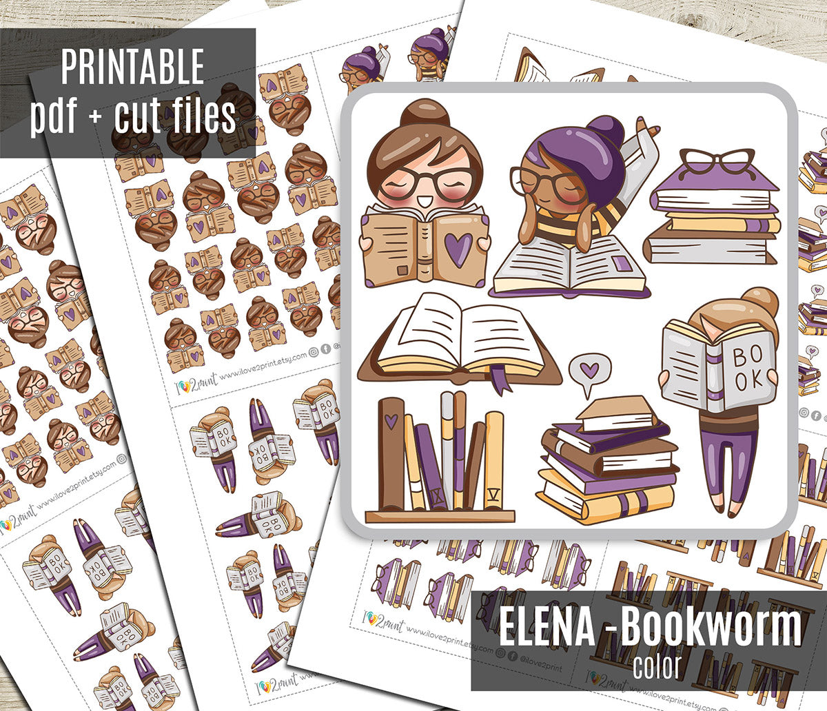 Elena Bookworm - COLOR Printable Planner Sticker - PDF & Cut Files