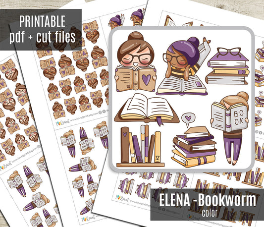 Elena Bookworm - COLOR Printable Planner Sticker - PDF & Cut Files