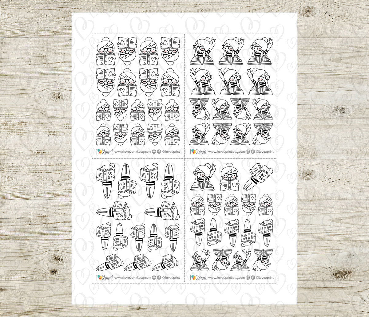 Elena Bookworm - DOODLE Printable Planner Sticker - PDF & Cut Files