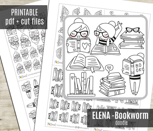 Elena Bookworm - DOODLE Printable Planner Sticker - PDF & Cut Files