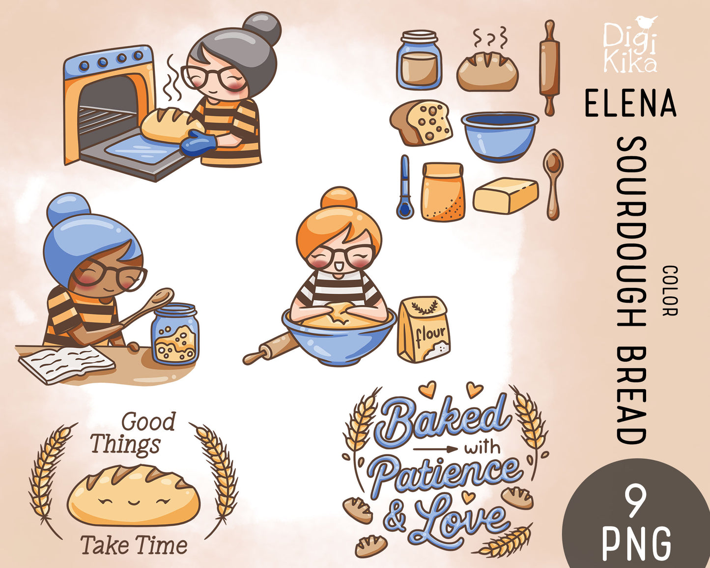 Elena Sourdough Bread Color Clipart | 2 Skin Tones Bakery | PNG | Commercial Use | Inclusive