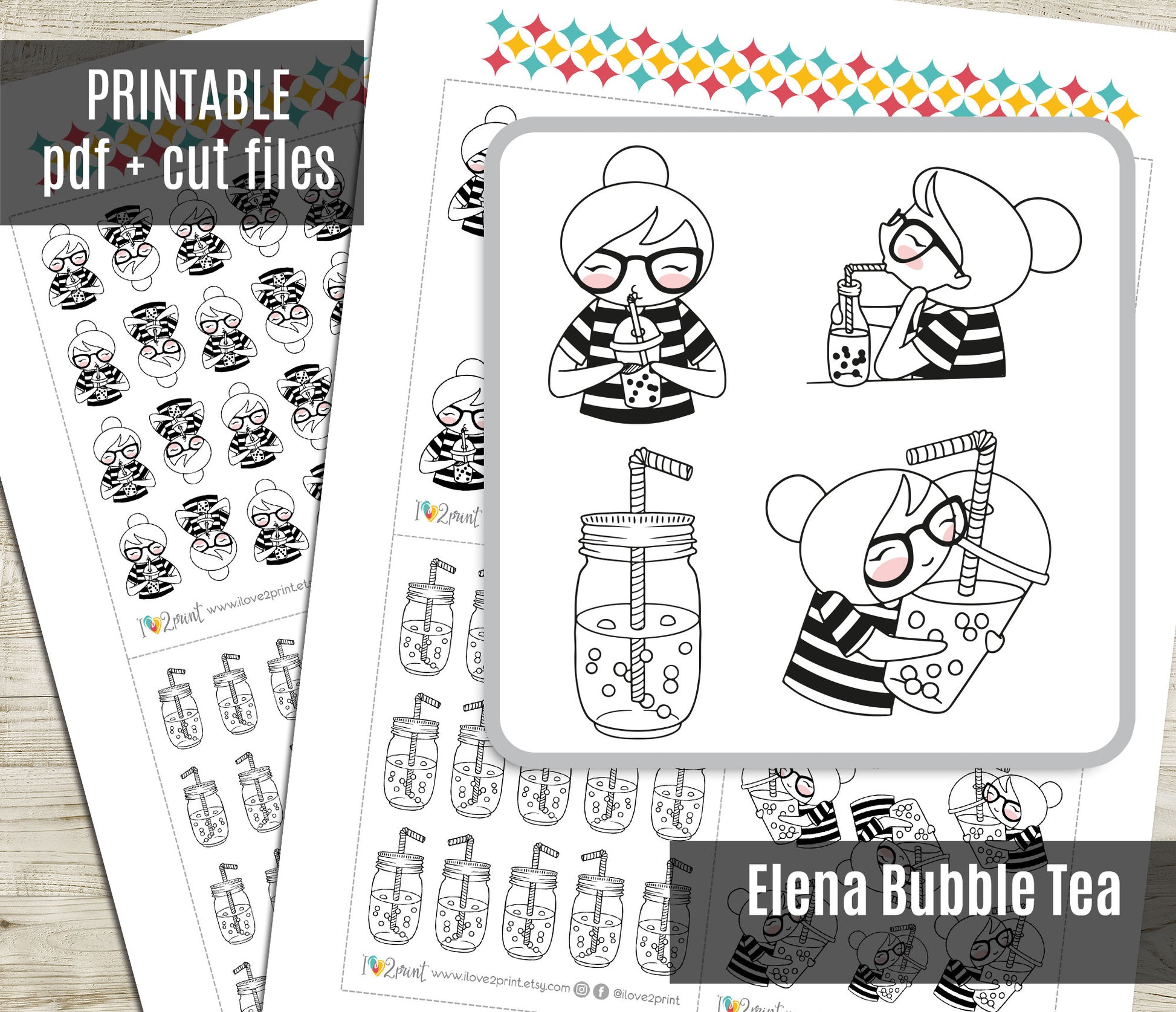Elena Bubble Tea themed printable PDF cut files with character illustrations on a wooden surface.