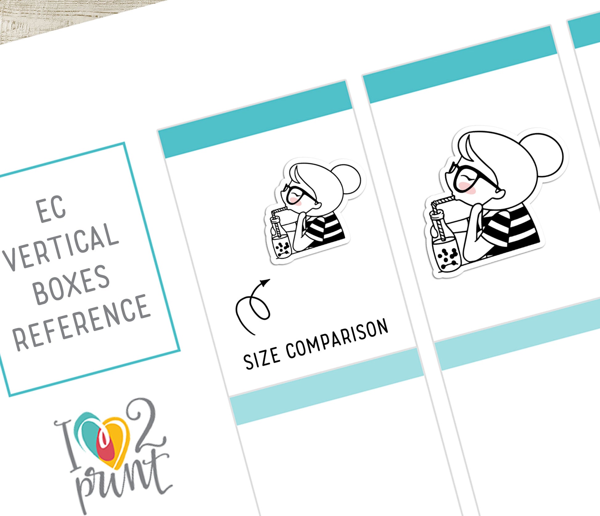 Design reference cards with illustrations and text for size comparison, featuring Elena the planner girl drinking bubble tea.