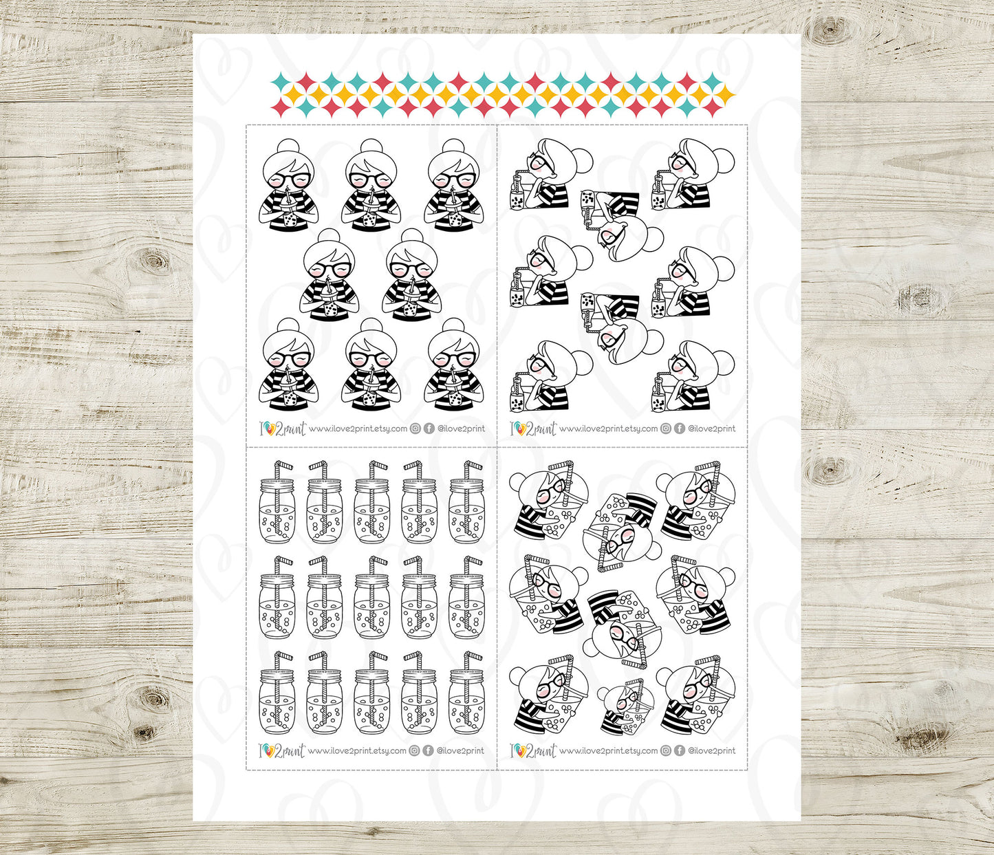 Sheet of planner stickers with black and white illustrations on a white background