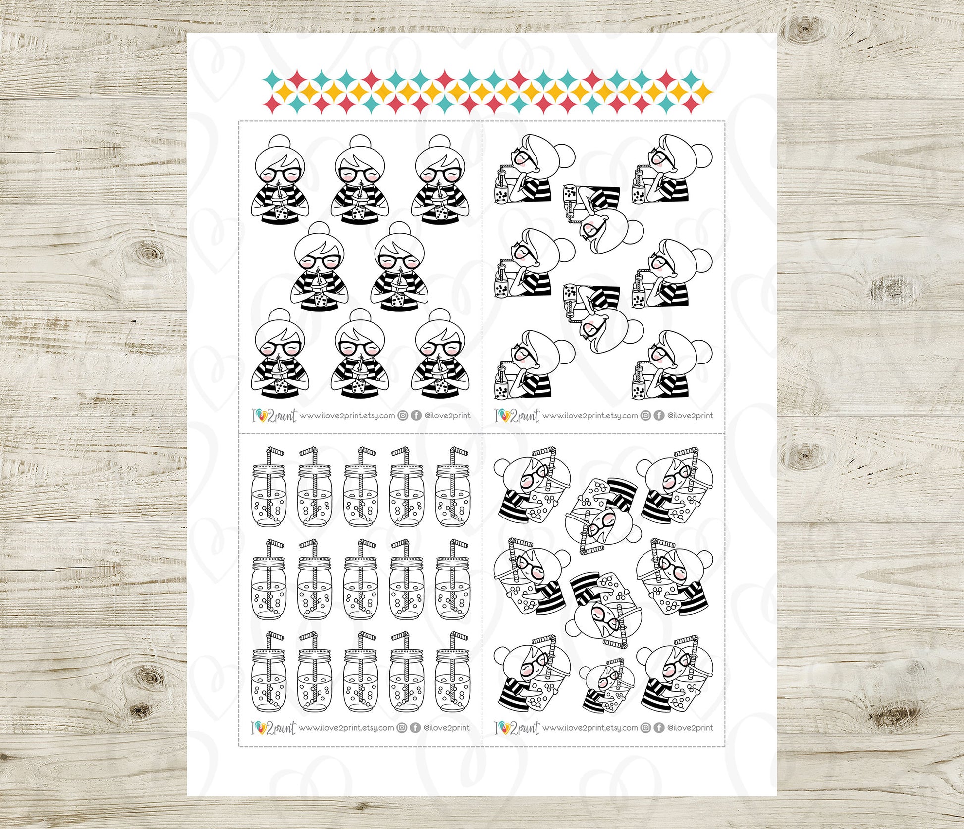 Sheet of planner stickers with black and white illustrations on a white background