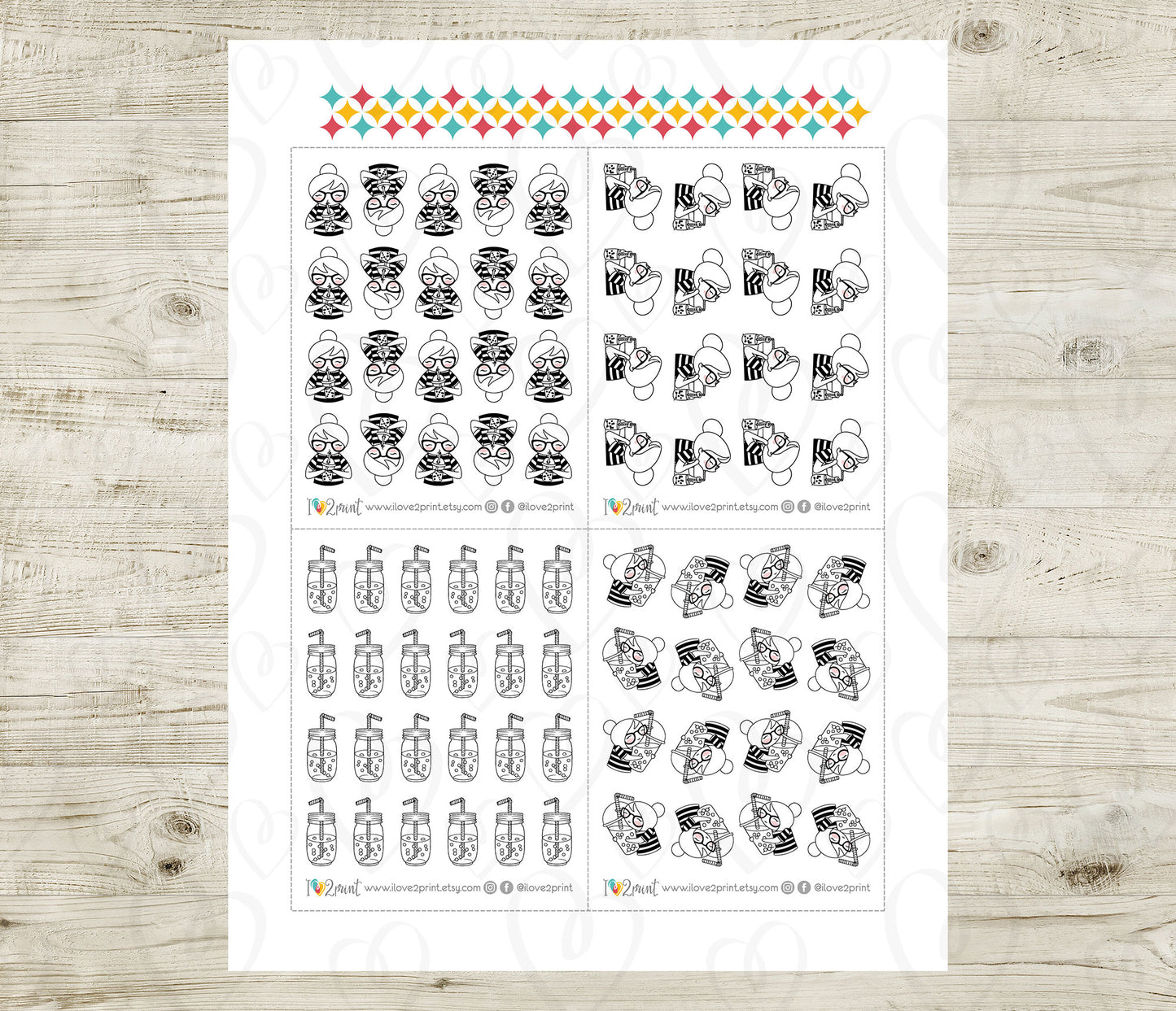 Sheet of planner stickers with various bubble tea designs on a wooden surface