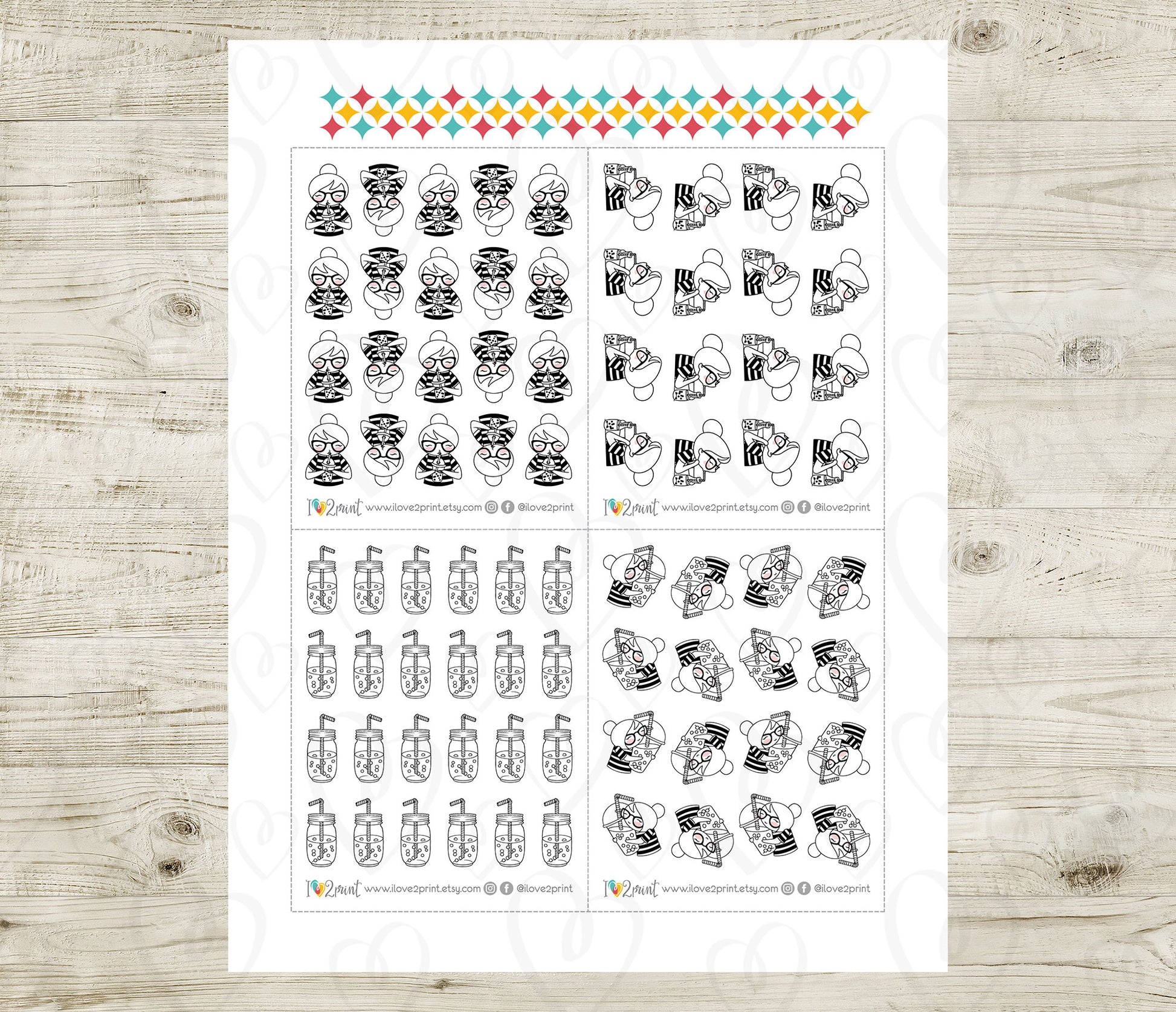 Sheet of planner stickers with various bubble tea designs on a wooden surface