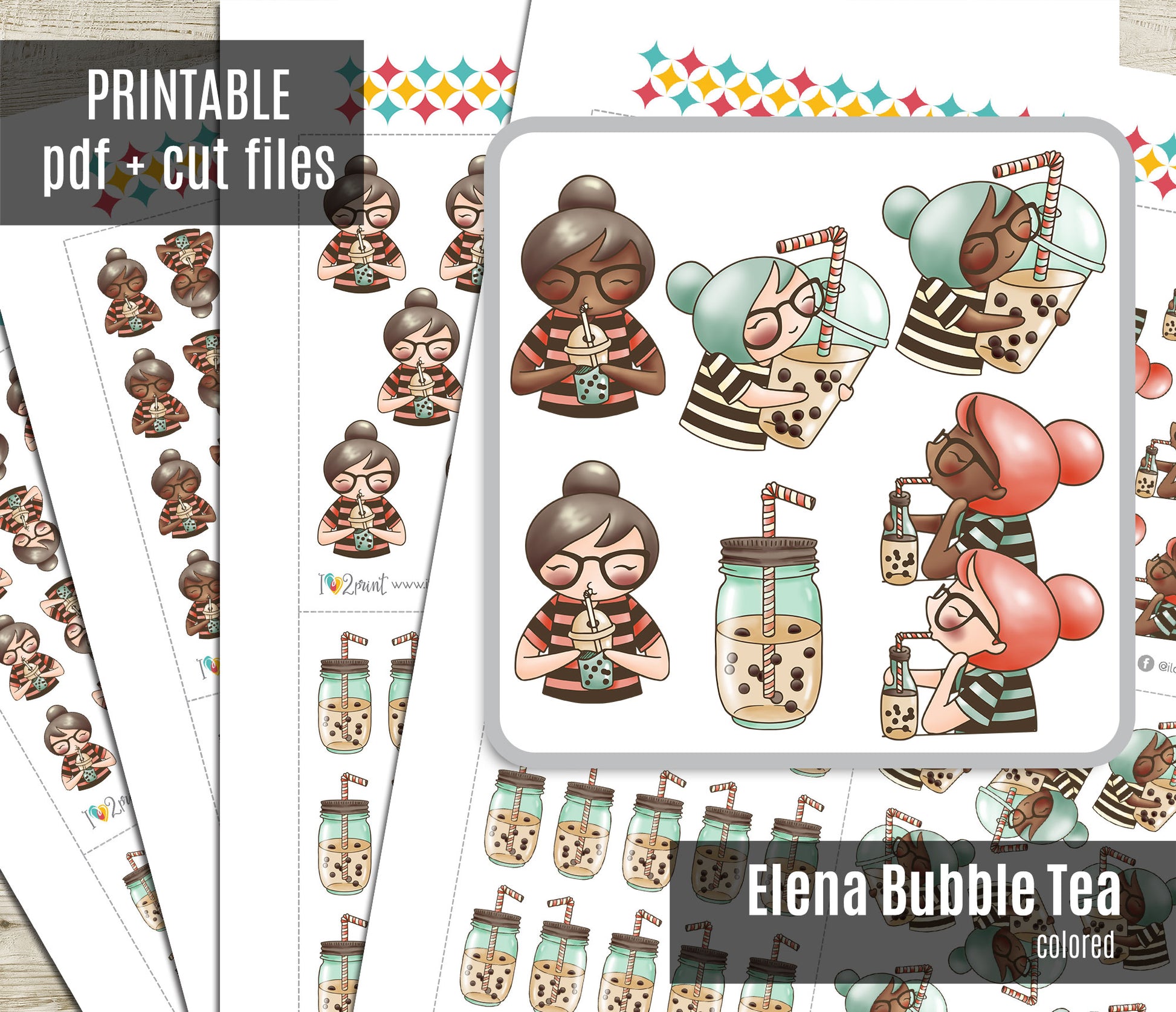 Illustrated bubble tea characters and cups on a white background with 'Elena Bubble Tea' branding.