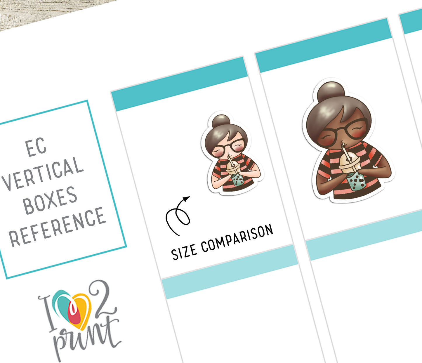 Stickers of a kawaii character drinking bubble tea, with vertical boxes and size comparison text on a white background.