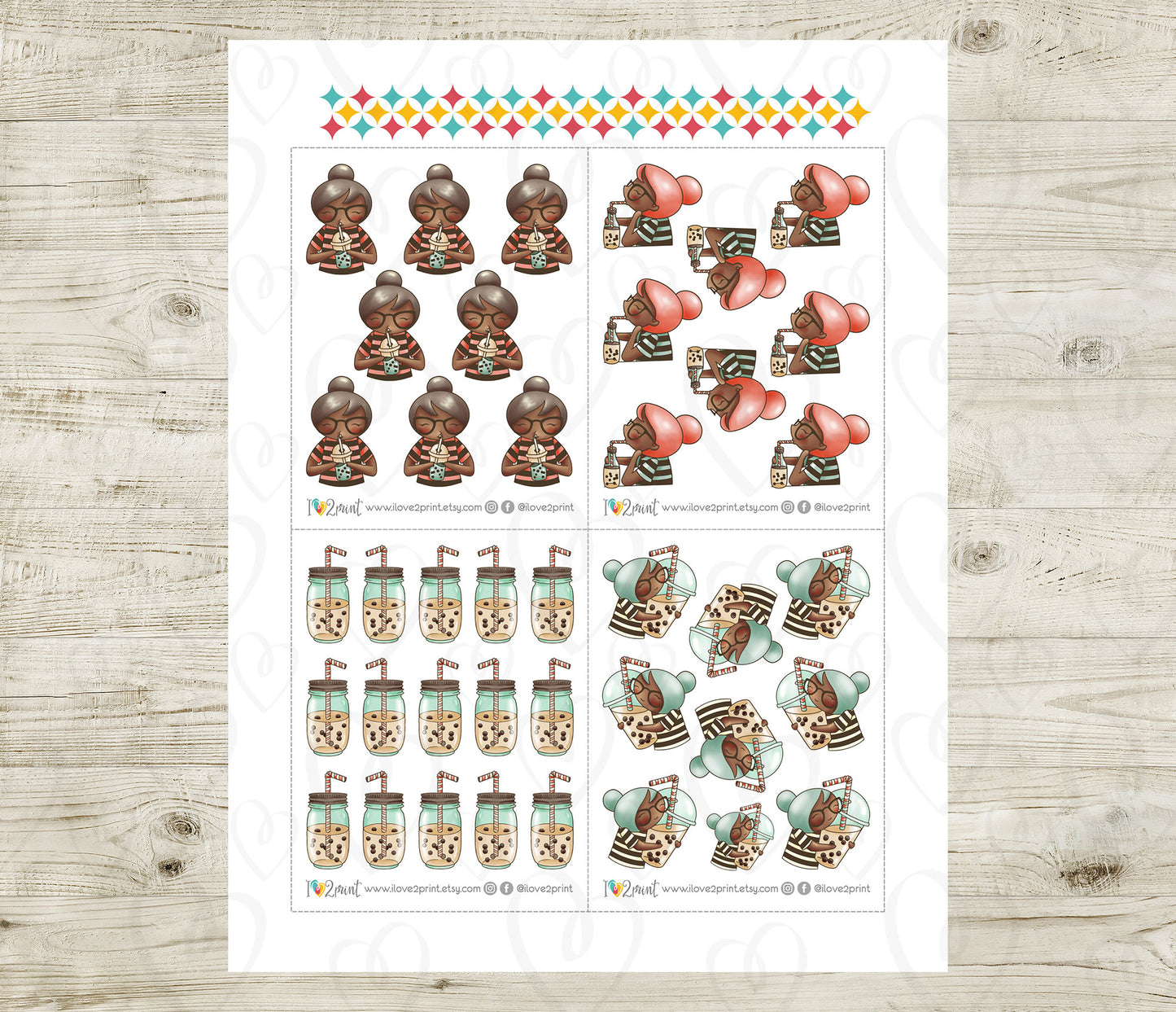 Sheet of planner stickers featuring cartoon characters and drinks on a wooden surface.
