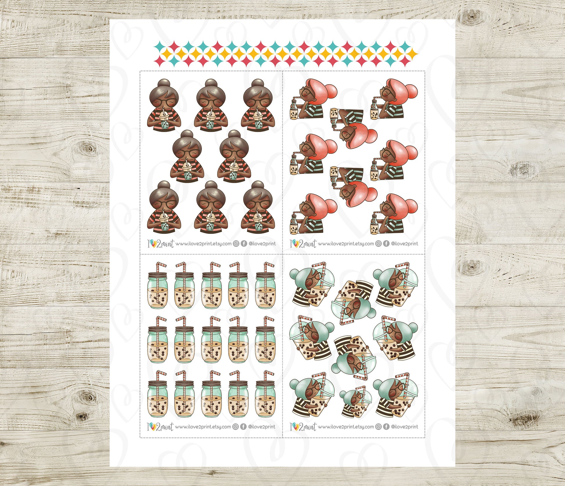 Sheet of planner stickers featuring cartoon characters and drinks on a wooden surface.