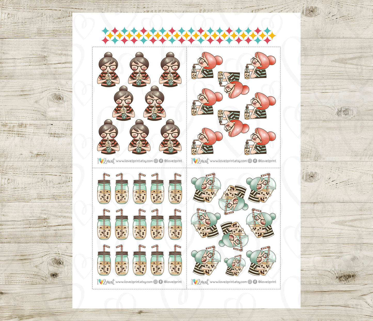 Sheet of planner stickers featuring cartoon characters and drinks on a wooden surface.