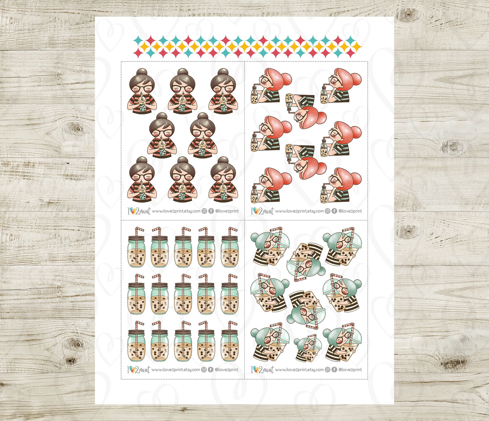 Sheet of planner stickers featuring cartoon characters and drinks on a wooden surface.