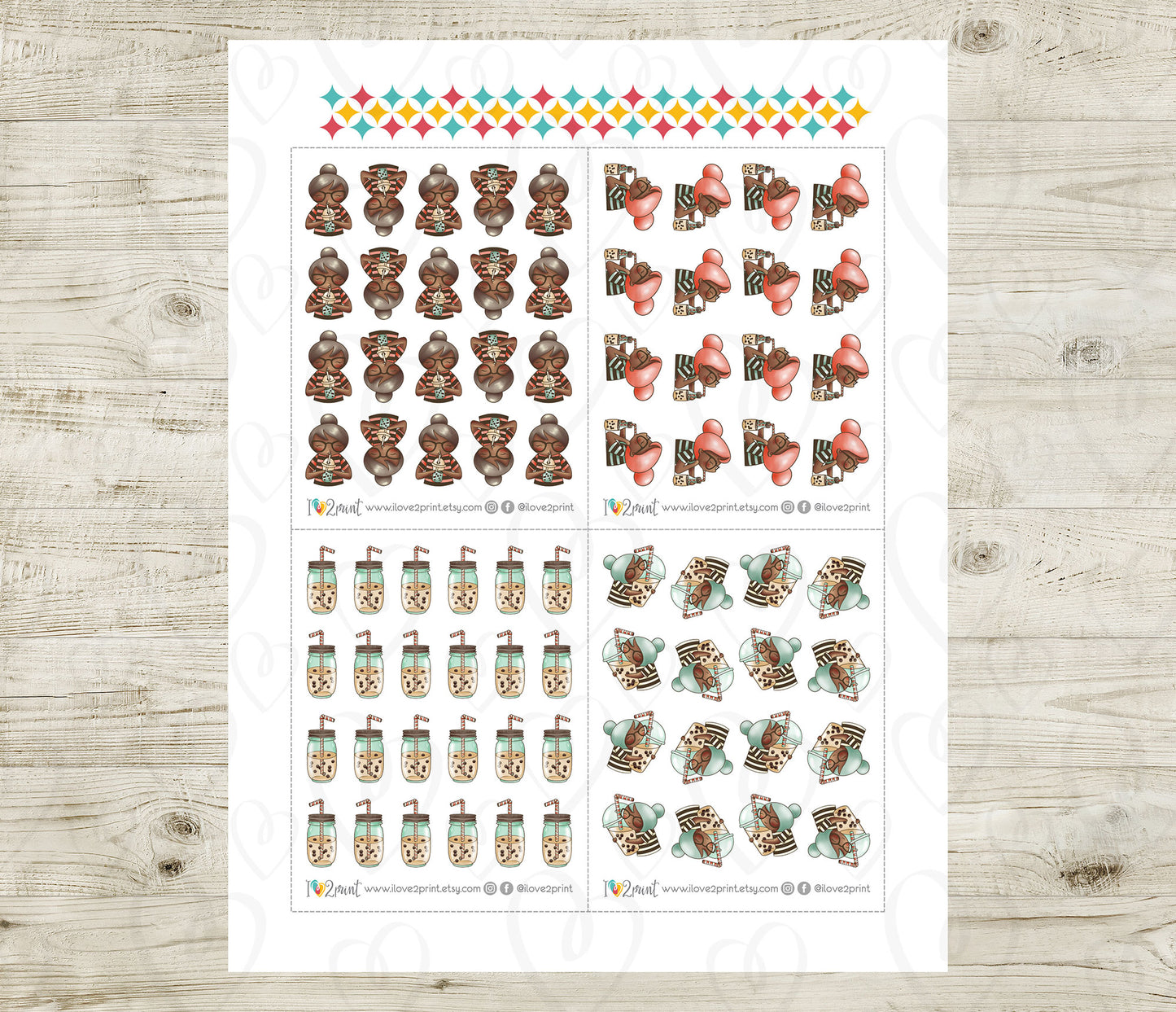 Sheet of planner stickers with various brown skin characters drinking bubble tea on a wooden surface