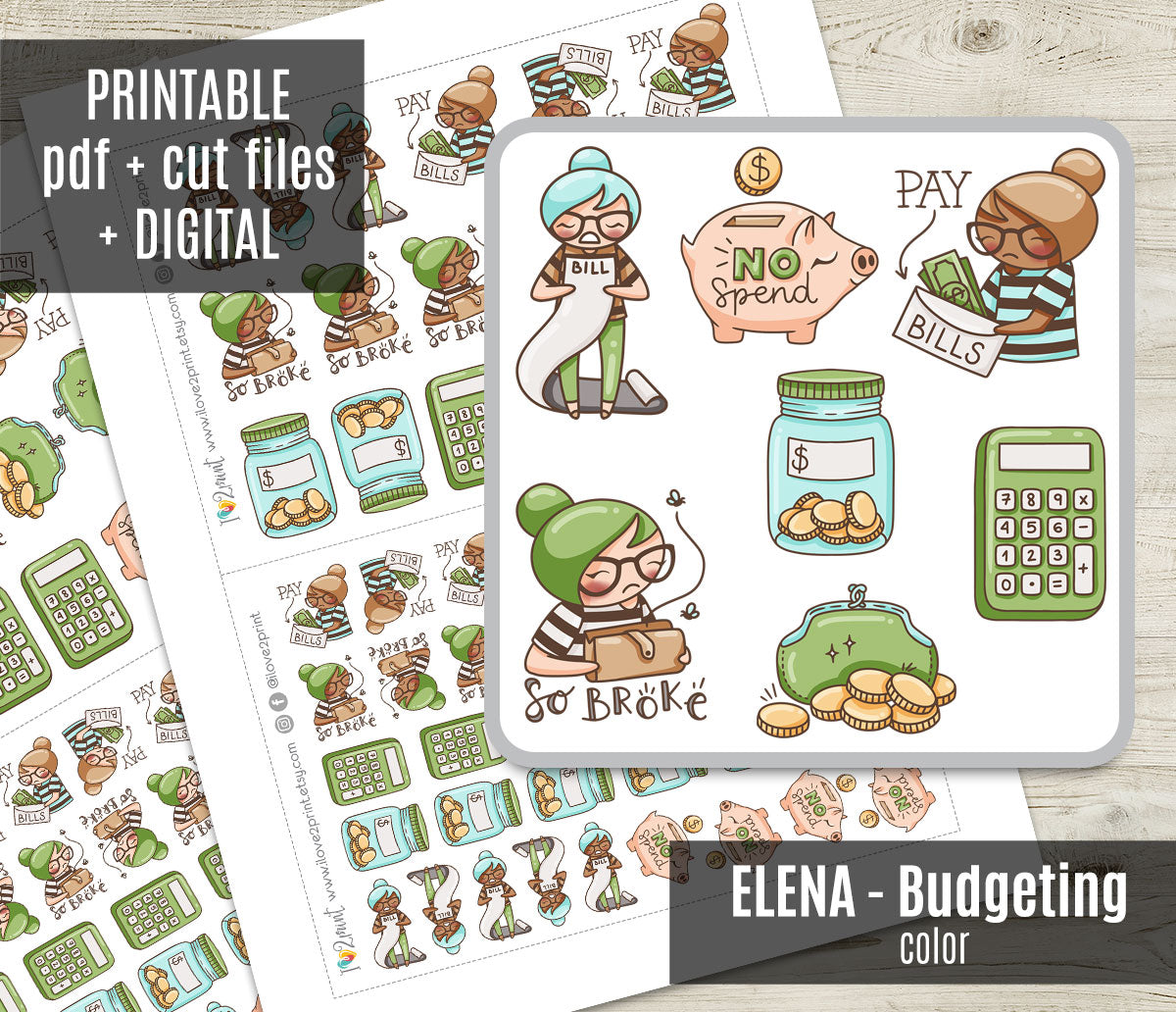 Elena Budgeting Color Printable Stickers | 2 Skin Tones Finance | 2 Sizes | PDF Cut Files