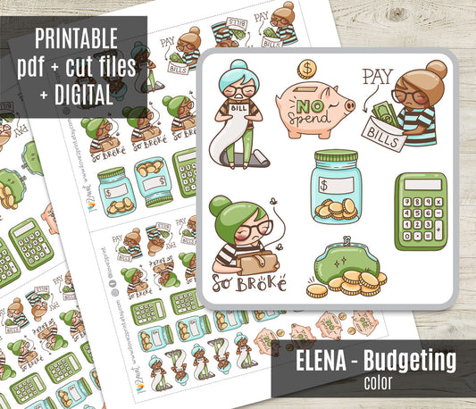 Elena Budgeting Color Printable Stickers | 2 Skin Tones Finance | 2 Sizes | PDF Cut Files