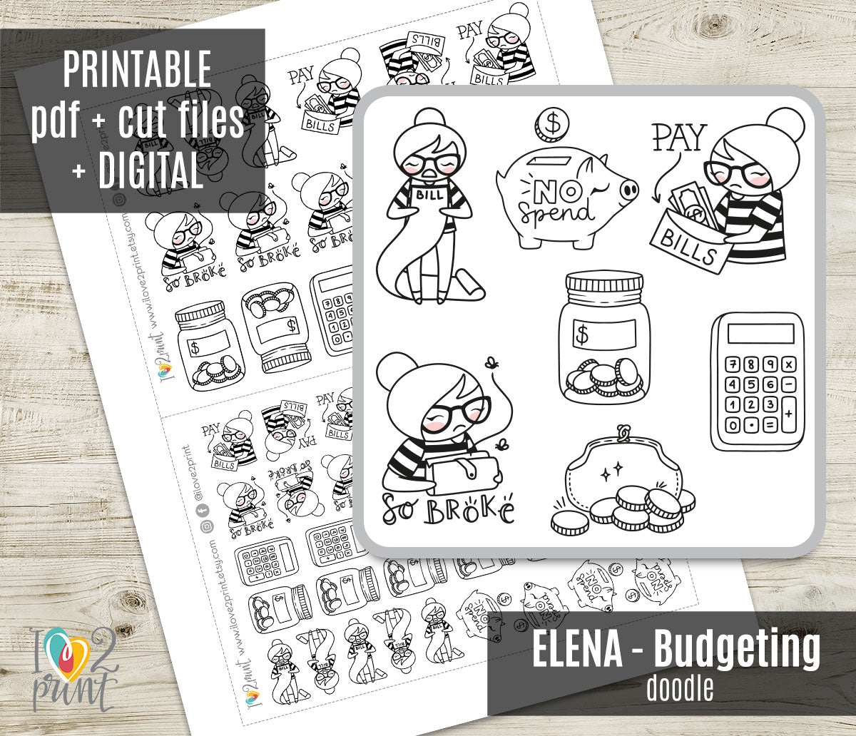 Elena Budgeting Doodle Printable Planner Stickers | Outline Finance | 2 Sizes | PDF Cut Files