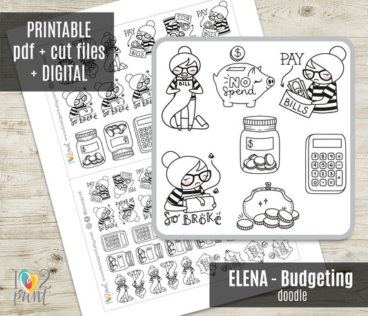 Elena Budgeting Doodle Printable Planner Stickers | Outline Finance | 2 Sizes | PDF Cut Files