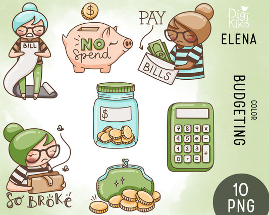 Elena Budgeting Color Clipart | 2 Skin Tones Finance Graphics | PNG | Commercial Use | Inclusive