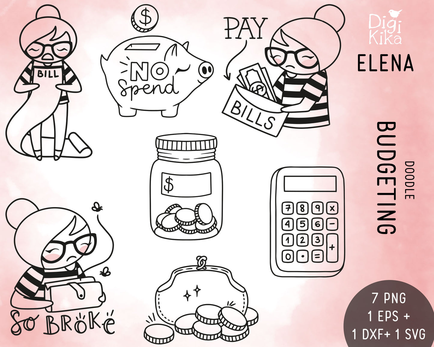 Elena Budgeting Outline Clipart | Finance Humor Graphics | EPS SVG DXF PNG | Commercial Use