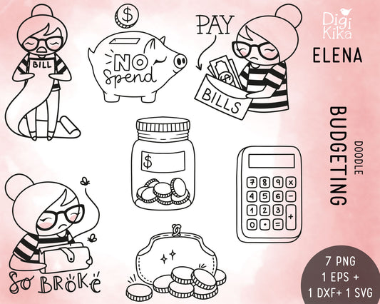 Elena Budgeting Outline Clipart | Finance Humor Graphics | EPS SVG DXF PNG | Commercial Use