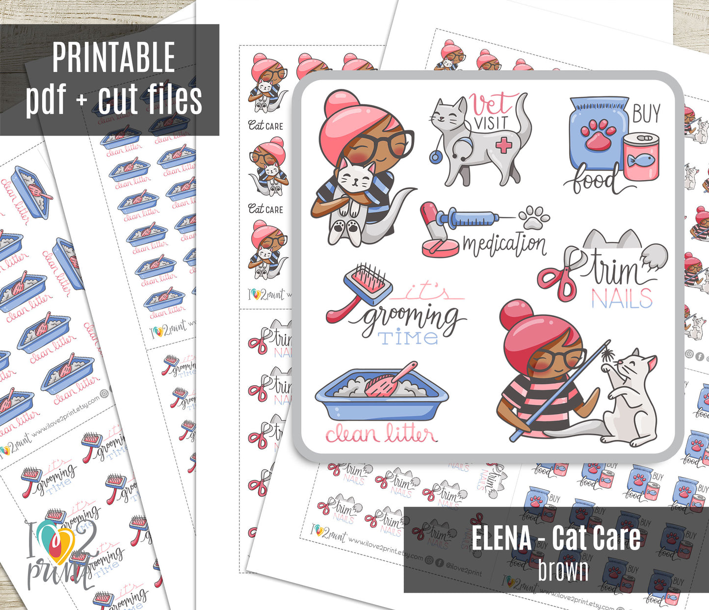 Elena Cat Care - BROWN SKIN Printable Planner Sticker - PDF & Cut Files