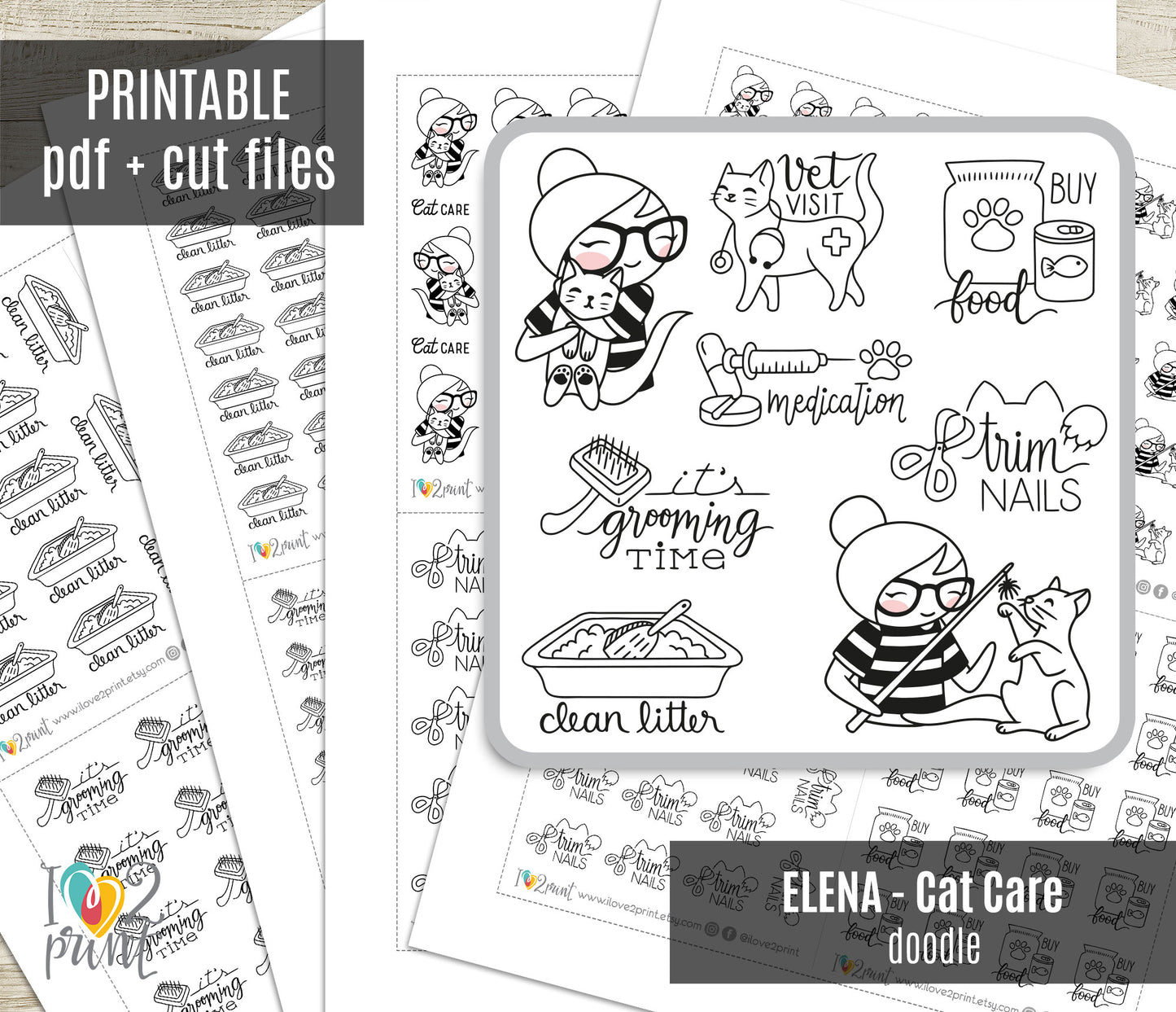 Elena Cat Care - DOODLE Printable Planner Sticker - PDF & Cut Files