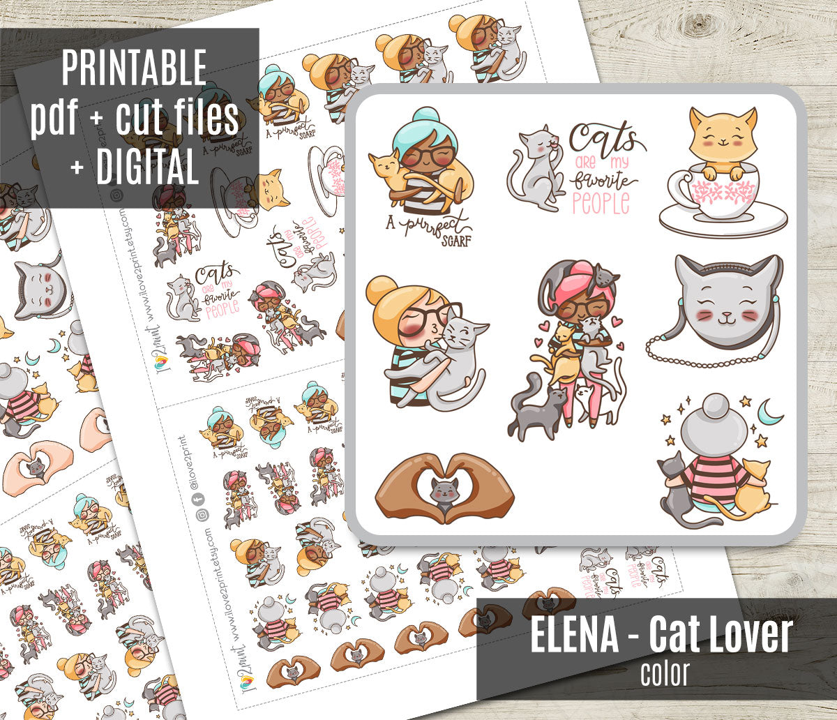 Elena Cat Lover Color Printable Stickers | 2 Skin Tones Kitty | 2 Sizes | PDF Cut Files