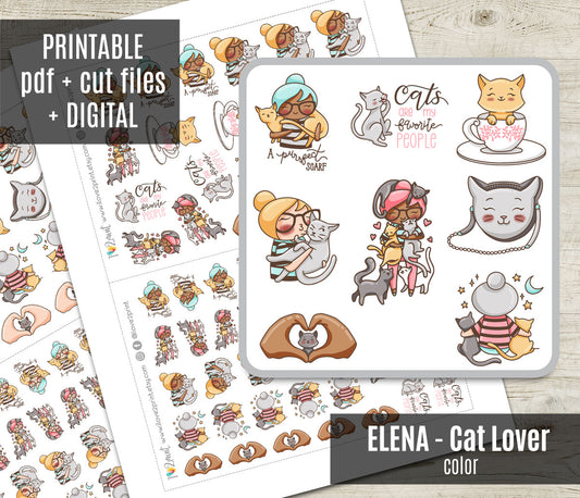 Elena Cat Lover Color Printable Stickers | 2 Skin Tones Kitty | 2 Sizes | PDF Cut Files