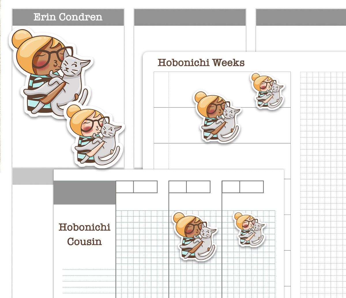 Elena Cat Lover Color Printable Stickers | 2 Skin Tones Kitty | 2 Sizes | PDF Cut Files