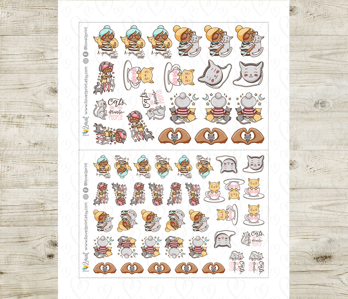 Elena Cat Lover Color Printable Stickers | 2 Skin Tones Kitty | 2 Sizes | PDF Cut Files