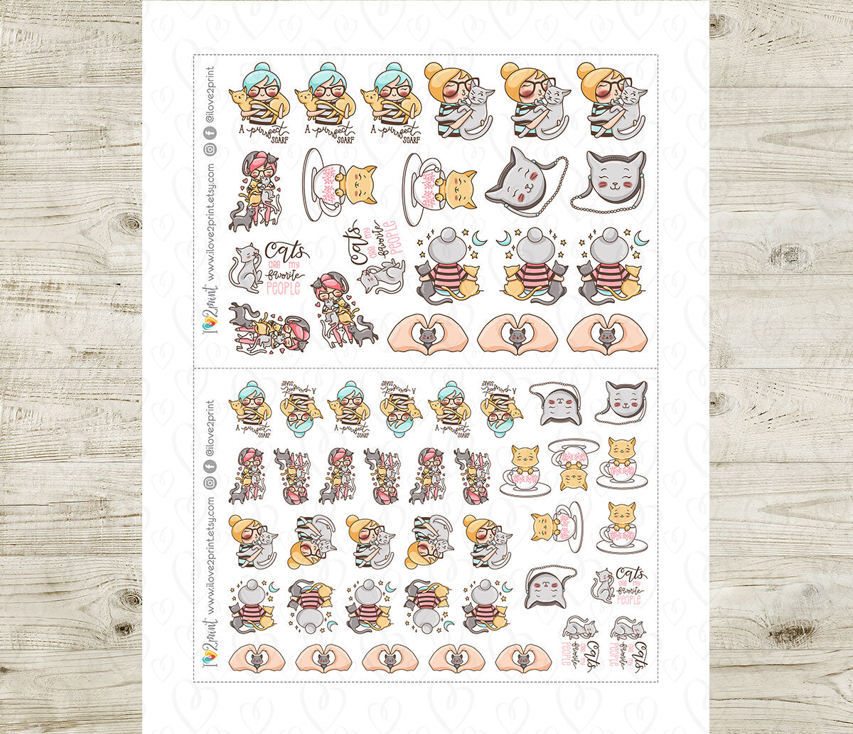 Elena Cat Lover Color Printable Stickers | 2 Skin Tones Kitty | 2 Sizes | PDF Cut Files