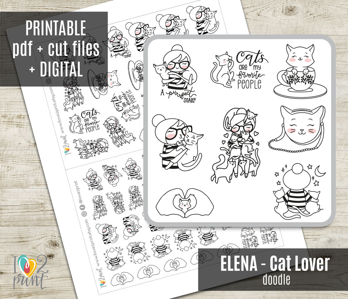 Elena Cat Lover Doodle Printable Planner Stickers | Outline Kitty | 2 Sizes | PDF Cut Files