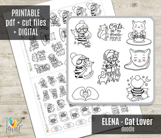 Elena Cat Lover Doodle Printable Planner Stickers | Outline Kitty | 2 Sizes | PDF Cut Files