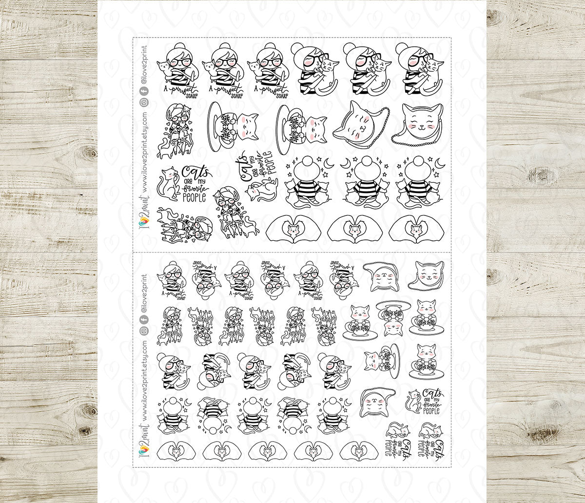 Elena Cat Lover Doodle Printable Planner Stickers | Outline Kitty | 2 Sizes | PDF Cut Files