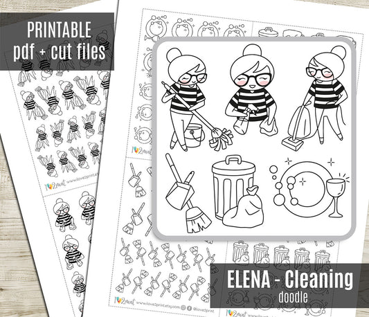 Elena Cleaning - DOODLE Printable Planner Sticker - PDF & Cut Files