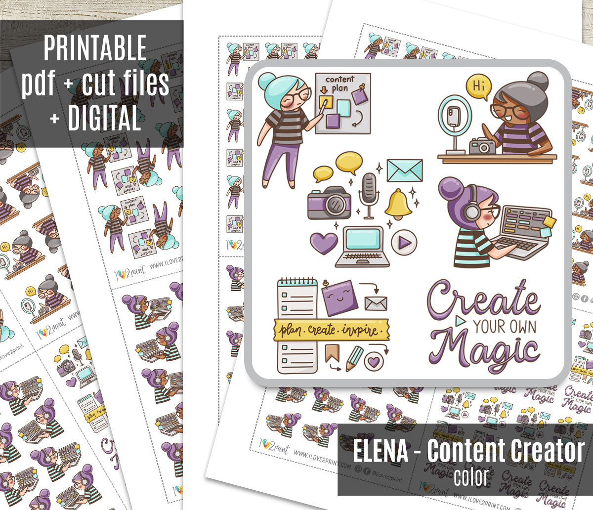 Elena Content Creator Color Printable Stickers | 2 Skin Tones | 2 Sizes | PDF Cut Files
